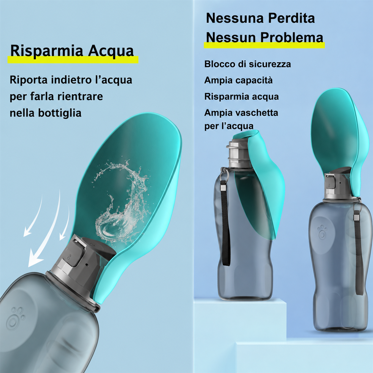 Borraccia Portatile per Cani 800ml Antiperdita Ciotola Pieghevole