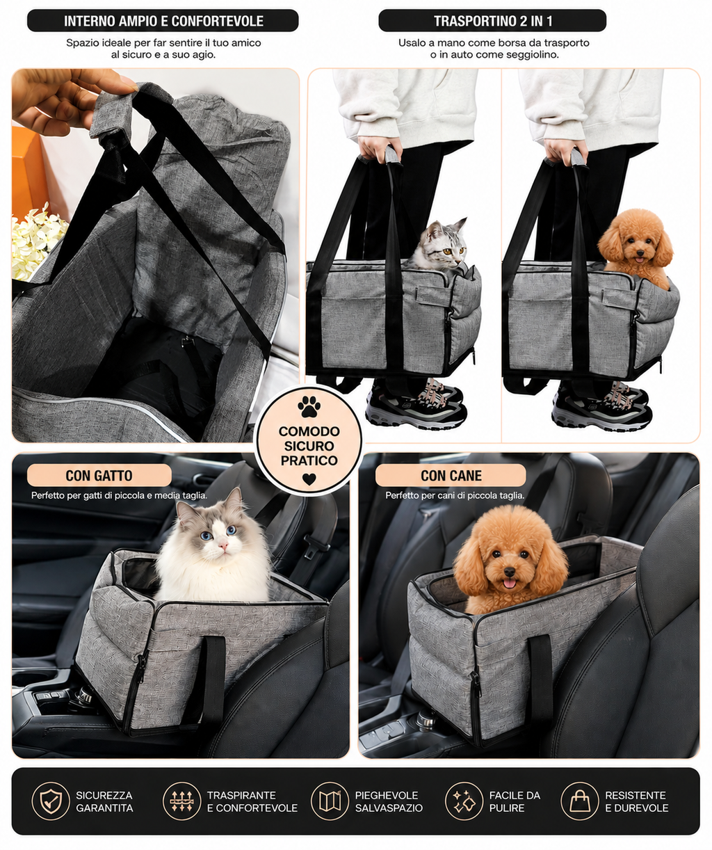 Trasportino Auto Pieghevole per Cani e Gatti Comodo e Sicuro