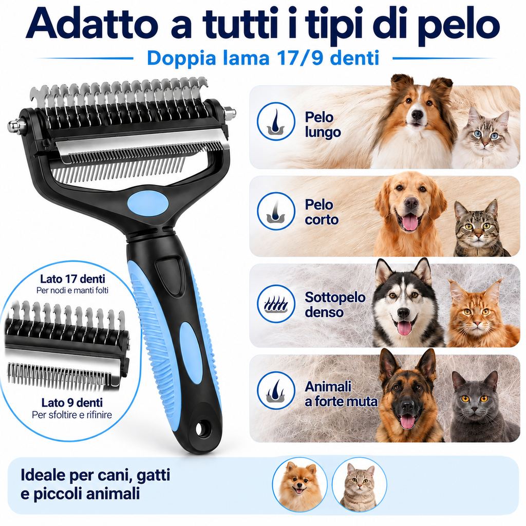 Rastrello 3 in 1 per Cani e Gatti contro Nodi e Sottopelo